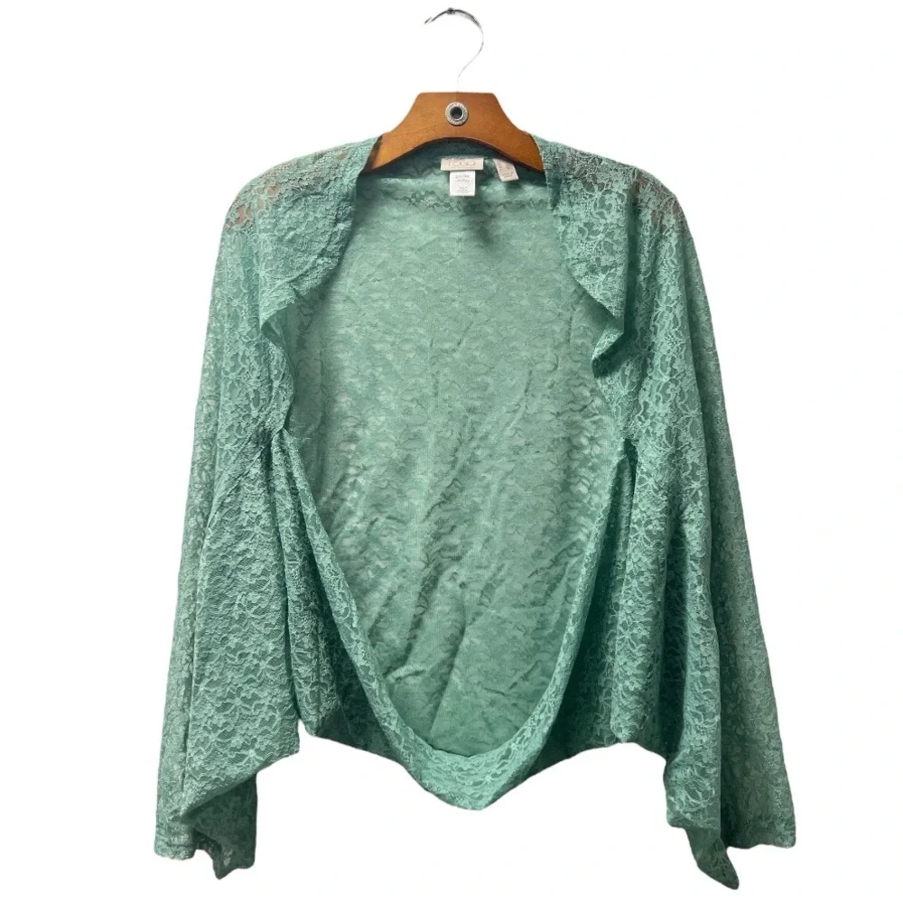 LOGO Lori Goldstein Women's Stretch Lace Shrug Solid Feldspar Fairy Green 2X 3X